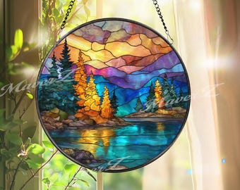 Mountain Sunset Stained Glass Suncatcher, Round Nature Lake and Forest Window Panel, Colorful Landscape Glass Art Home Décor