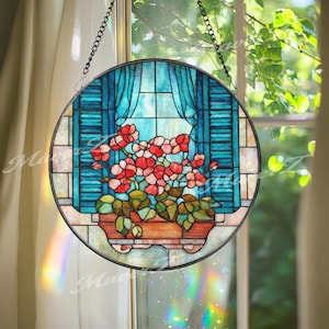 Flower Window Box Stained Glass Suncatcher, Blue Shutter Window Hanging, Cottage Floral Decor, Vintage Home Ornament Gift