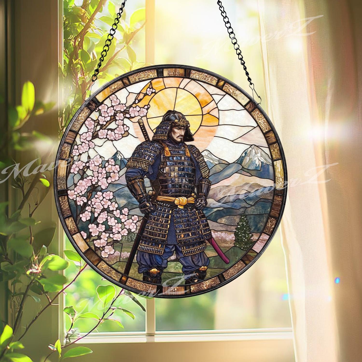 バカラグラス　SAMURAI JAPN Japanese Samurai Suncatcher: Cherry Blossoms & Mountains Window