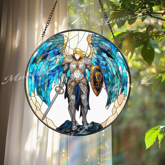 Archangel Suncatcher: Blue Winged Guardian Angel Stained Glass
