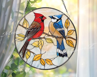 Cardinal and Blue Jay Stained Glass Suncatcher, Colorful Bird Window Decor, Nature-Inspired Panel Gift for Bird Lovers