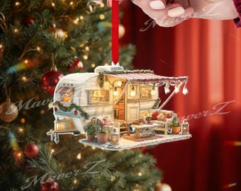 Vintage Weihnachten Camper Ornament, gemütliche Urlaub Anhänger Dekor mit Lichtern, Retro Winter Camper Szene, festliches RV Ornament Geschenk