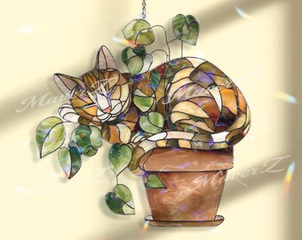 Sleeping Cat Plant Acrylic Suncatcher, Cozy Cat Window Hanging, Botanical Cat Sun Catcher, Pet Lover Decor, Cute Cat Gift