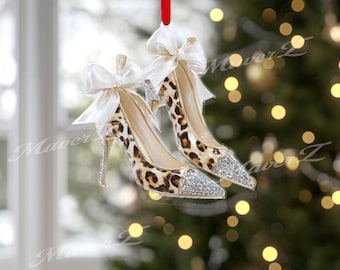Leopard High Heel Ornament, Glam 2D Acrylic Shoe Decor with Sparkle Details & Satin Bows, Fashion Lover Christmas Ornament Gift