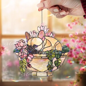 Sleeping French Bulldog Acrylic Suncatcher, Frenchie in Hanging Flower Pot Window Decor, Stained Glass Style Dog Sun Catcher