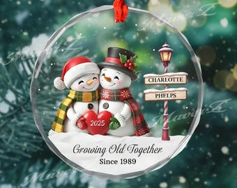 Personalized Heart Snowman Couple Christmas Tree Ornament, Growing Old Together, Memorial Gift For Couple，Christmas Gift For Her/Him