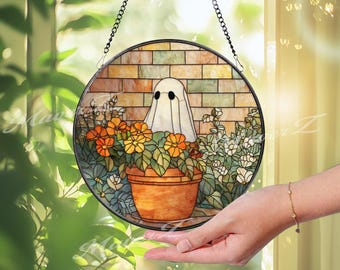 Ghost Gardener Stained Glass Suncatcher: Whimsical Halloween Window Art
