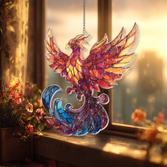Phoenix Acrylic Suncatcher, Stained Glass Style Fiery Bird Rising