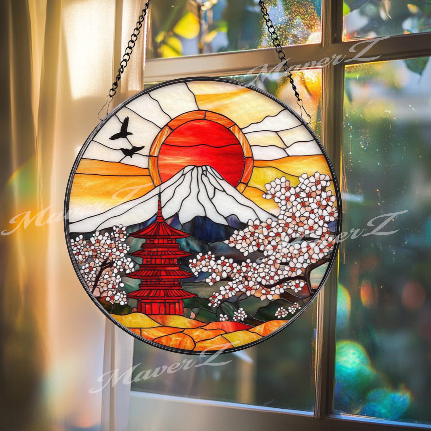Japanese Pagoda Suncatcher: Stained Glass Mount Fuji, Sakura