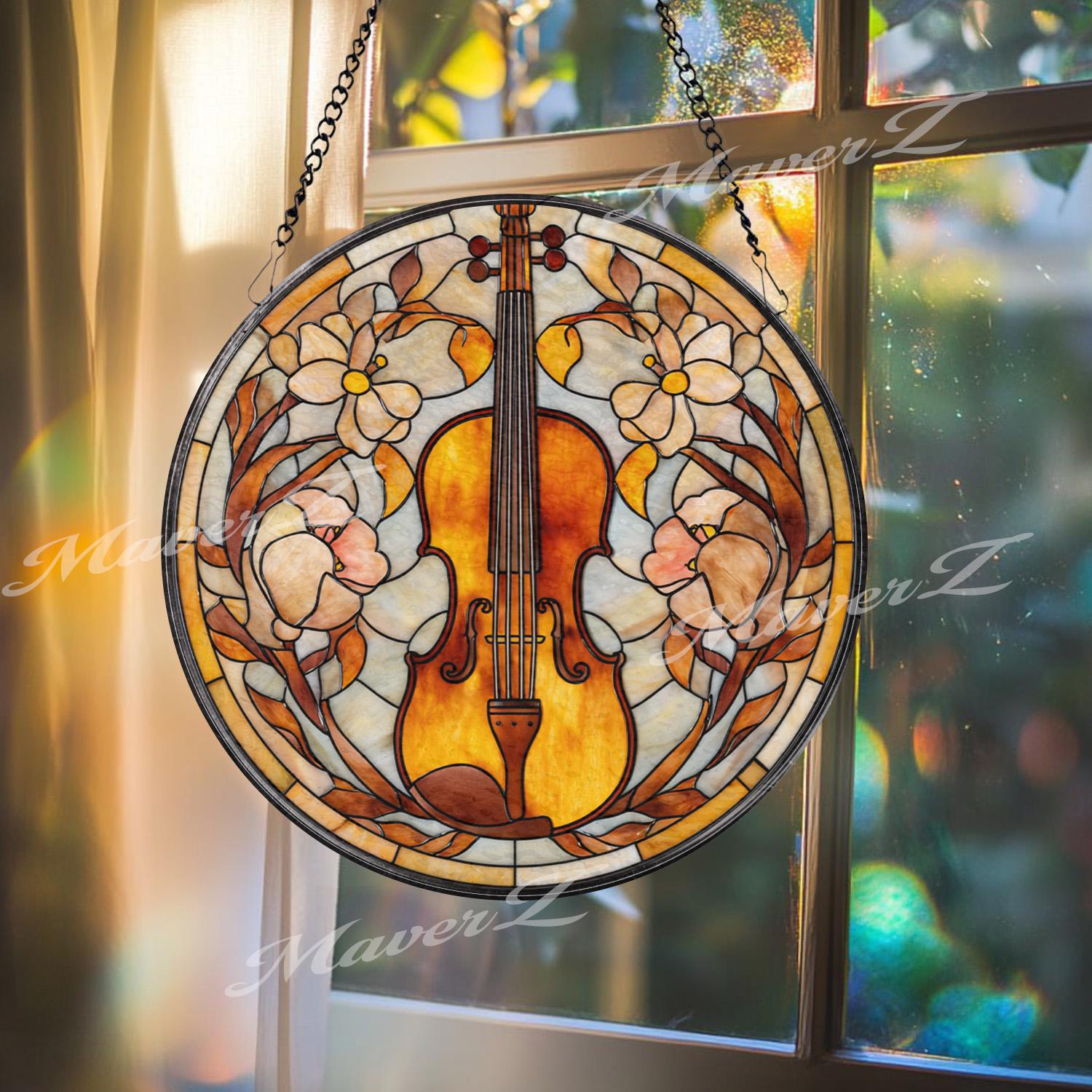 Violin Stained Glass Suncatcher, Musical Instrument Window Art