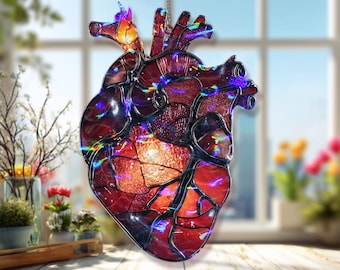 Anatomical Heart Acrylic Suncatcher, Stained Glass Style Red Heart with Flame Window Hanging, Gothic Romantic Medical Art Home Decor