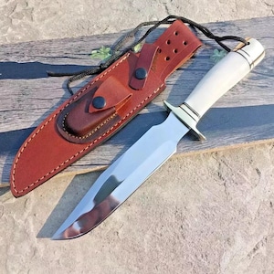 Handmade D2 Steel Bowie Knife with Bone Handle & Leather Sheath