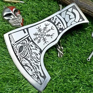 Handmade Carbon Steel Viking Axe Head: Camping Hatchet with Leather Sheath