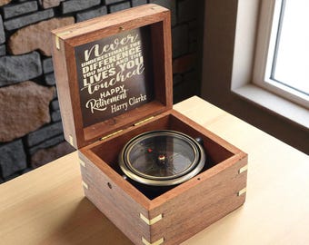 Engraved Gunmetal Heritage Gimbal Compass in Wood Box: Retirement Gift