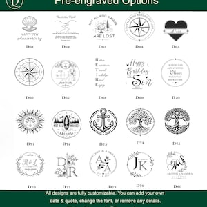 May include: A grid of twenty circular and heart-shaped black and white pre-engraved design options labeled D61 through D80. The designs feature various illustrations including compasses, trees, anchors, suns, and floral motifs with text.