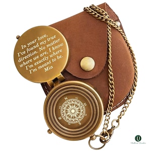 Bussola in bronzo personalizzata con custodia in pelle / Regali nautici incisi per uomo / Regalo personalizzato per marito con testo / Regalo di compleanno per fidanzato