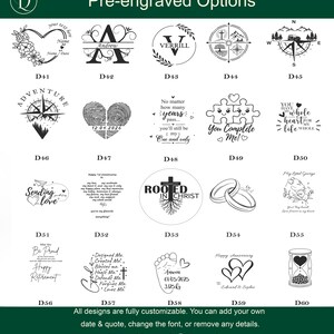 May include: A grid of twenty black and white pre-engraved design options labeled D41 through D60, featuring various illustrations like hearts, compasses, wedding rings, and text quotes. The header reads Pre-engraved Options and the footer says Dollond London.