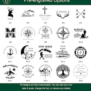May include: A grid of twenty black and white pre-engraved design options labeled D1 through D20, featuring various icons like compasses, mountains, trees, and text. The header reads Pre-engraved Options and the footer reads Dollond London.