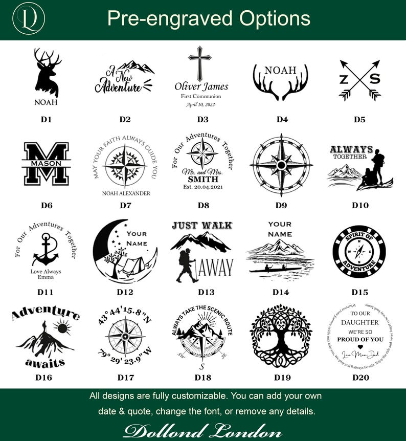 May include: A grid of twenty black and white pre-engraved design options labeled D1 through D20, featuring various icons like compasses, mountains, trees, and text. The header reads Pre-engraved Options and the footer reads Dollond London.