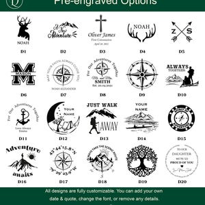 May include: A grid of twenty black and white pre-engraved design options labeled D1 through D20, featuring various icons like compasses, mountains, trees, and text. The header reads Pre-engraved Options and the footer reads Dollond London.