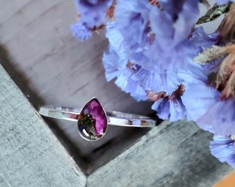 Silver Wildflower Ring, Teardrop, Resin, Real Flowers, Floral, Terrarium, Dainty Ring,Sterling Plated, Simple Style, Bohemian, Stacking Ring