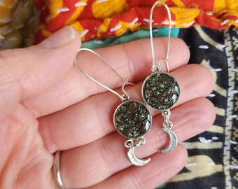 Pyrite earrings gemstones, dangle,  drop earrings, resin earrings, Moon, celestial, silver