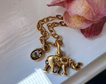 Gold elephant and wildflower charm necklace, chain