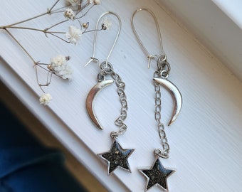 Star and moon earrings, pyrite, gemstones, dangle, galaxy, celestial, drop earrings, resin earrings