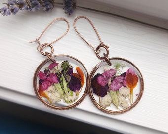 Real flower copper earrings, dangles, floral, drop earrings,  jewelry, resin earrings, resin jewelry, wildflowers, terrarium jewelry, boho