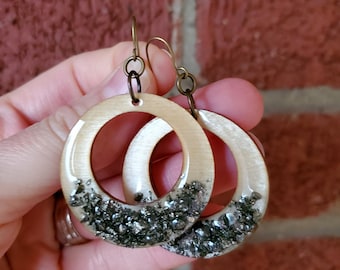 Pyrite wood earrings, resin, wooden, wood earrings, gemstones, window, frame earrings, bohemian, gemstone earrings, dangle earrings