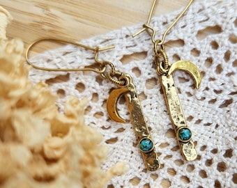 Gold bar turquoise earrings, Moons, resin, gemstone, gold dangles, hammered earrings, stone