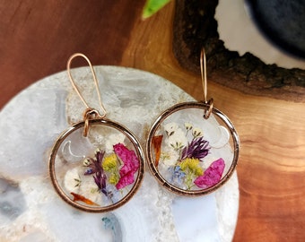 Real flower copper earrings, dangles, floral, drop earrings,  jewelry, resin earrings, resin jewelry, wildflowers, terrarium jewelry, boho