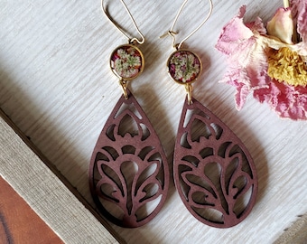 Wildflower earrings, gold, wood, resin earrings, dangle, flowers, real flower jewelry