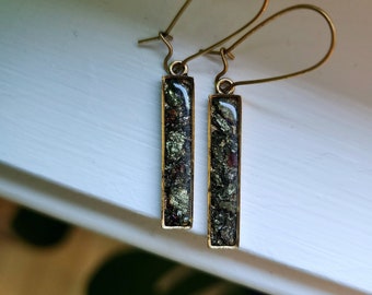 Gold pyrite dangle earrings, resin jewelry, gemstones, bar earrings, gold jewelry, mineral