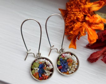 Silver wildflower earrings,  sterling plated, dangle earrings,  pressed flower jewelry