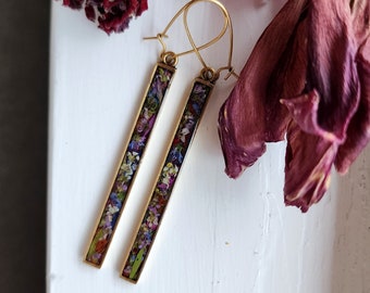 Gold wildflower dangle earrings, Long,resin jewelry, real flowers, bar earrings, gold jewelry, bohemian style, rectangle, long earrings