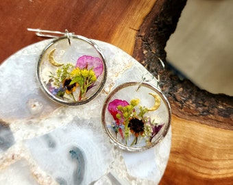 Real flower silver earrings, dangles, floral, drop earrings,  jewelry, resin earrings, resin jewelry, wildflowers, terrarium jewelry, boho