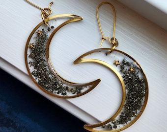 Pyrite moon earrings,  dangle earrings,  celestial jewelry. Gemstone earrings, sparkly earrings,  stars, gold