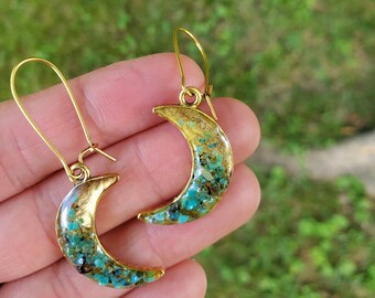 Gold hammered moon earrings, turquoise, resin earrings, dangle earrings, celestial, gold jewelry, crescent moon