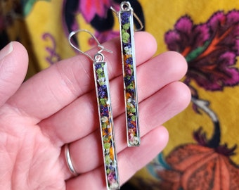 Silver wildflower dangle earrings, Long, resin jewelry, real flowers, bar earrings, gold jewelry, bohemian style, rectangle, long earrings