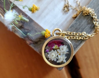 Gold wildflower pendant necklace, window, gold necklace, real flower jewelry,  resin jewelry, floral, terrarium jewelry