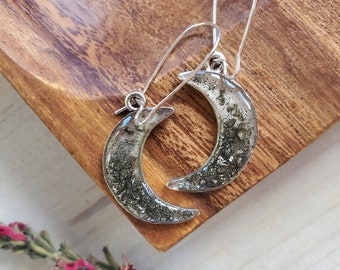 Silver hammered moon earrings, pyrite, resin earrings, dangle earrings, celestial, silver jewelry, crescent moon