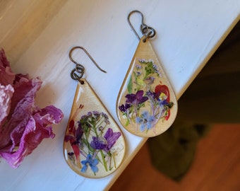 Wildflower Earrings,  Wood, Dangle earrings, Flower jewelry