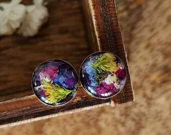 Gold wildflower stud earrings, resin jewelry, flowers, floral, bohemian, terrarium jewelry, simple earrings