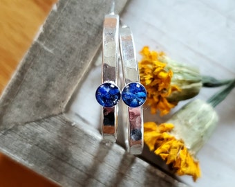 Sterling Silver Hoop Earrings, Blue Lapis,  Gemstones, Silver Jewelry, Resin Jewelry, Stone Jewelry, Hammered Earrings