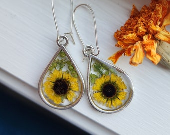 Silver wildflower earrings,  sterling plated, dangle earrings,  pressed flower jewelry