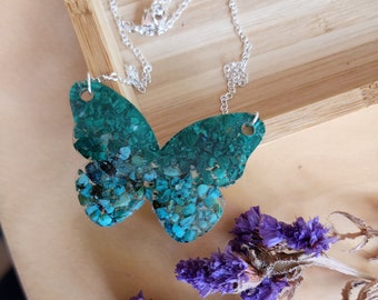 Turquoise and Malachite Butterfly necklace, gemstones, stones, resin necklace, nature jewelry,  gemstone Jewelry,  silver necklace