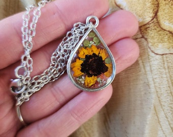 Wildflower antique silver pendant necklace, floral, statement necklace,  resin jewelry, resin necklace, silver jewelry, silver necklace