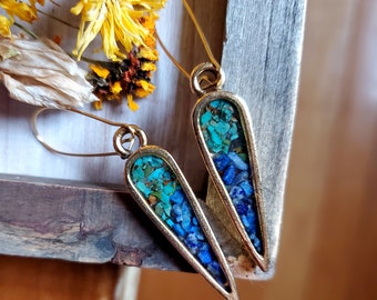 Blue Lapis Lazuli and Turquoise Gold Earrings, dangle earrings,  open, resin earrings,  gemstones, gemstone earrings, stones, resin