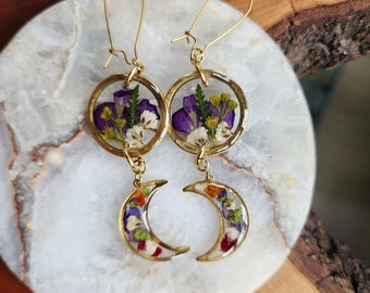 Real flower gold earrings, Moon, Celestial, dangles, drop earrings, gold jewelry, resin earrings, wildflowers, terrarium jewelry, boho